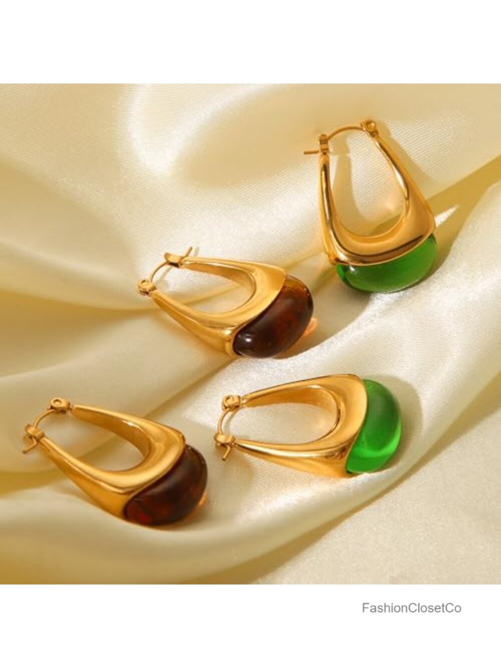 Gold Plated Chunky Hoop Dangle Earrings Stainless Steel Resin Drop - Picture 5 of 6